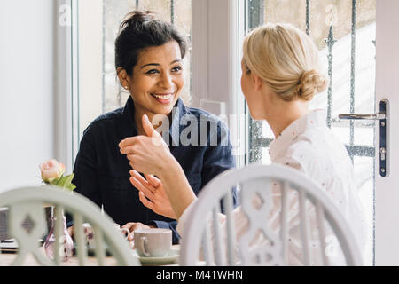 Le donne sono seduti a un tavolo in un cafe, socializzare sul tè. Foto Stock