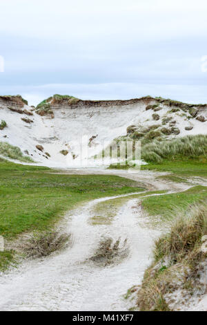 Cladh Hallan dune di sabbia coperte di erba e sito di nidificazione di uccelli, Daliburgh, Isola di South Uist, Ebridi Esterne, Scotland, Regno Unito Foto Stock