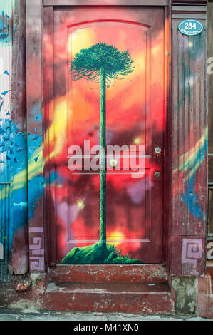 Una scena di strada di una casa in legno porta dipinta con un murale colorato di una scimmia puzzle tree Foto Stock