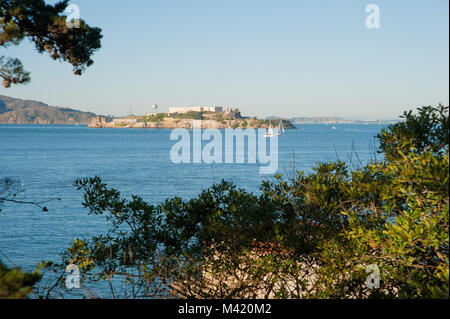 San Francisco, CA - Febbraio 03: vista dell Isola di Alcatraz da Fort Mason Foto Stock