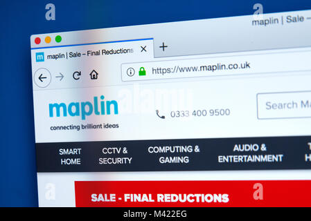 LONDON, Regno Unito - 8 FEBBRAIO 2018: la homepage del sito ufficiale per la Maplin Electronics - il rivenditore del Regno Unito di prodotti elettronici, in data 8 febbraio 201 Foto Stock