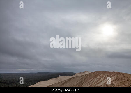 Panorama del Pilat Dune (Dune du Pilat) durante un pomeriggio nuvoloso con una foresta di pini in background. Pilat, o Duna del Pyla è la più grande duna di sabbia in Foto Stock