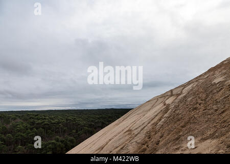 Panorama del Pilat Dune (Dune du Pilat) durante un pomeriggio nuvoloso con la foresta di Landes (Foret des Landes), fatta di alberi di pino, dietro. Pilat, o Foto Stock