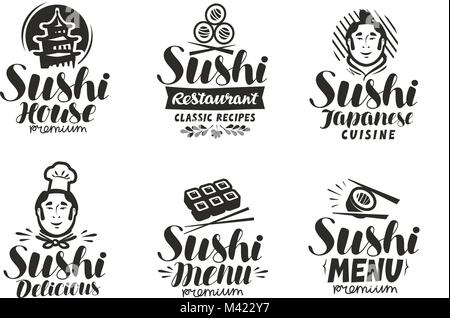 Il Sushi e rotoli logo o etichetta. Giapponese fast food, sashimi simbolo. Tipografia illustrazione vettoriale Illustrazione Vettoriale