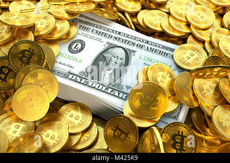 Bitcoin Concept - una pila di banconote in dollari USA circondate da Bitcoin Foto Stock