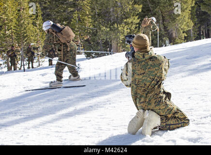 Lancia Cpl. Jennessa E. Davey, videografo, le strategie di comunicazione e le operazioni, sede battaglione, Marine Corps Air Ground Centro di combattimento ventinove Palms, California, documenti Marines con 2° Battaglione, quinto reggimento Marine, Marine Corps base Camp Pendleton, formazione nelle montagne del Toiyabe National Park, Mountain Warfare formazione comando, Bridgeport, California, Gennaio 30, 2018. Il corso di formazione prepara Marines per eseguire in condizioni di basse temperature. (U.S. Marine Corps Foto di Cpl. Francisco Britoramirez) Foto Stock