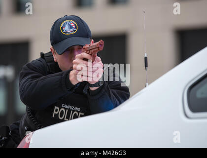 Master-at-Arms marinaio Alberto Campuzano assiste in un gate in funzione drill come parte della protezione di Citadel 2018 Supporto navale attività di Bethesda Bethesda, Maryland il 1 febbraio 2018. La pratica lo scenario era parte di una serie di esercizi di set-up e riprodotti nel corso della giornata per aiutare il personale di partecipanti 'treno come noi lotta' in risposta alle minacce alla sicurezza. Cittadella Cortina Shield-Solid sono annuali anti-terrorismo forza di protezione esercitazioni svolte nel corso di due settimane consecutive. Ciascun prodotto è progettato per garantire la massima disponibilità del personale e delle forze di sicurezza per scoraggiare e a rispondere a potenziali securit Foto Stock