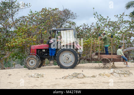 Jibacoa Cuba - 25 Gennaio 2018: il trattore su dei caraibi resort sulla spiaggia di erbaccia di compensazione Foto Stock