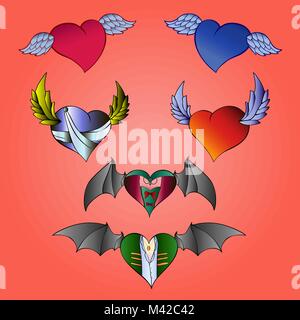 Set di cuori di San Valentino con le ali. Grafica vettoriale per il giorno di San Valentino Illustrazione Vettoriale
