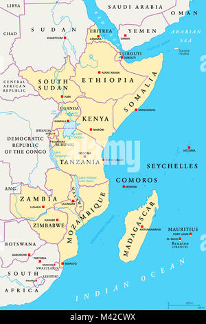 Africa orientale, regione mappa politico. Area con capitelli, frontiere, laghi e fiumi importanti. Regione est del continente africano. Foto Stock