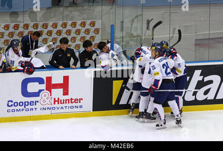 Kiev, Ucraina - 28 Aprile 2017: i giocatori della Corea del Sud festeggiano dopo i punteggi ageinst ucraina a loro la IIHF 2017 Campionati del Mondo di disco su ghiaccio Div Foto Stock