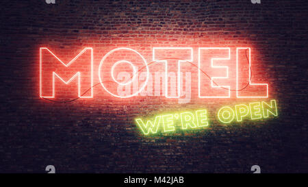 Motel insegna al neon montati su un muro di mattoni, concettuale 3D render illustrazione Foto Stock