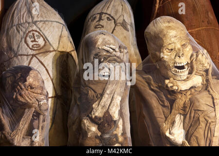 Il Perù, Leymebamba, Leimebamba, Museo. Le mummie trovate a Laguna de los Condores. (Scorporato dal loro originale bundle). Foto Stock