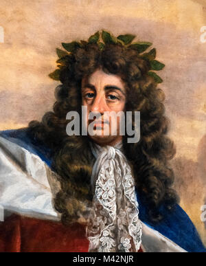 Charles II. Ritratto di Re Carlo II nelle vesti dell'Ordine della Giarrettiera, una porzione di un affresco da St George's Hall, il Castello di Windsor, da Antonio Verrio, 1684. Foto Stock