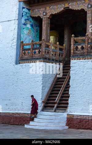 Punakha, Bhutan. Monaco buddista di discesa delle scale in Punakha Dzong (fortezza/monastero). Foto Stock