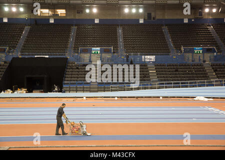 Il Birmingham Arena, essendo preparato per i mondiali Indoor di Atletica che si terrà all'inizio di marzo 2018 Foto Stock