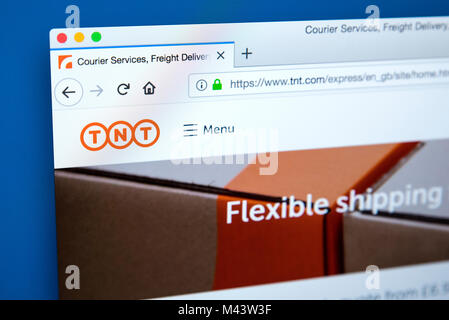 LONDON, Regno Unito - 10 FEBBRAIO 2018: la homepage del sito ufficiale per TNT - Il corriere consegna company, il 10 febbraio 2018. Foto Stock