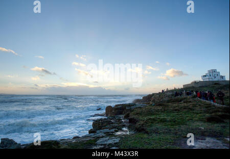 La Bretagna West Coast martoriata dalla tempesta Carmen, borgo di Le Couregant, Brittany, Francia. Foto Stock