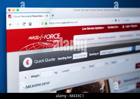 LONDON, Regno Unito - 10 FEBBRAIO 2018: la homepage del sito ufficiale di Parcelforce Worldwide - il corriere e il servizio di logistica nel Regno Unito, sul decimo Foto Stock