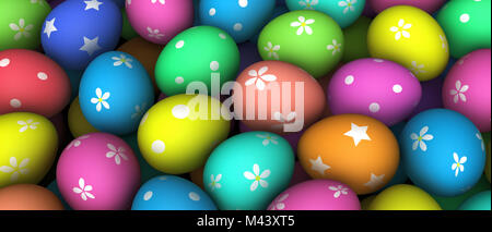 Uova pasquali dipinte in colori diversi e la decorazione 3D illustrazione sfondo banner. Foto Stock