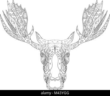 Doodle arte illustrazione di un toro di alce elk o testa con viste dalla parte anteriore su sfondo isolato fatto in stile mandala su sfondo isolato. Illustrazione Vettoriale