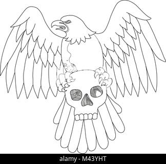 Doodle arte illustrazione di un American aquila calva che impugnano un teschio con ali stese fuori se visto dalla parte anteriore realizzato in stile mandala. Illustrazione Vettoriale