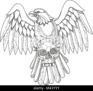 Doodle arte illustrazione di un American aquila calva che impugnano un teschio con ali stese fuori se visto dalla parte anteriore realizzato in stile mandala. Illustrazione Vettoriale
