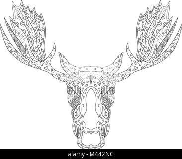 Doodle arte illustrazione di un toro di alce elk o testa con viste dalla parte anteriore su sfondo isolato fatto in stile mandala su sfondo isolato. Illustrazione Vettoriale