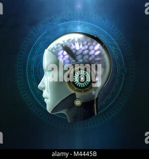 Il rendering 3D della testa di una femmina di robot con incandescente hi tech ai intelligenza artificiale cyber cervello su sfondo scuro. rete neurale concetto 3D render Foto Stock