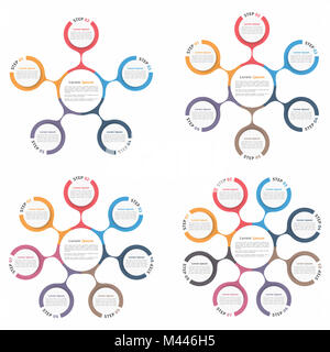 Schema circolare con cinque, sei, sette e otto elementi, fasi o opzioni del diagramma di flusso o diagramma di flusso di lavoro modello, EPS vettoriali10 illustrazione Foto Stock