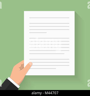 Mano che tiene la carta bianca con testo - documento, contratto, accordo, giornale, etc, design piatto, vettoriale EPS10 illustrazione Foto Stock