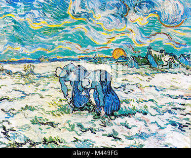 Due donne contadine scavando in un campo Snow-Covered al tramonto di Van Gogh Foto Stock