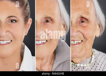 Più immagine che mostra il processo di invecchiamento della donna su sfondo grigio Foto Stock