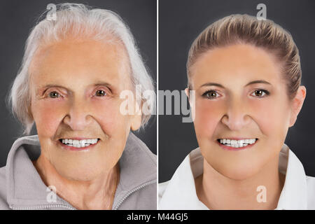 Più immagine che mostra il processo di invecchiamento della donna da giovane per senior su sfondo grigio Foto Stock