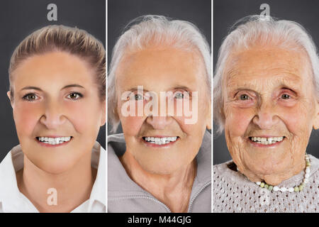 Più immagine che mostra il processo di invecchiamento della donna su sfondo grigio Foto Stock