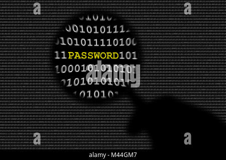 Ombra della mano che tiene la lente di ingrandimento su codice binario e il testo della password Foto Stock