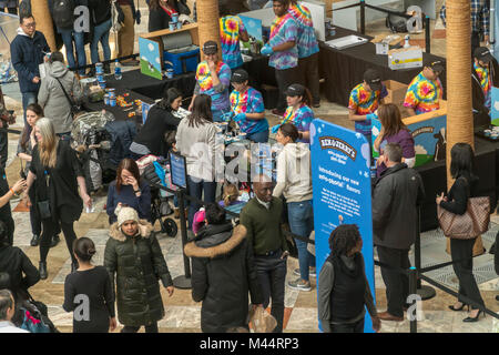 Migliaia di gelato amanti invadere il luogo di Brookfield giardino d'inverno per Ben & Jerry's nuove creazioni Launch Party a New York il Mercoledì, 7 febbraio 2018. Il branding evento presenta una nuova linea di prodotti per Unilever è Ben & Jerry's con solo 140-160 calorie per porzione. Chiamato Moo-phoria, alla luce gelato la linea viene fornito in tre gusti " cioccolato al latte e biscotti', Caramello Cookie Fix' e 'P.B. Impasto', organici e realizzati con i prodotti non OGM ingredienti. La linea di prodotti è una risposta alla popolare alo Top che guadagnando quote di mercato. (© Richard B. Levine) Foto Stock