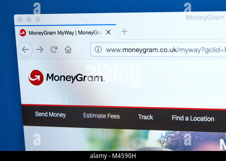 LONDON, Regno Unito - 10 FEBBRAIO 2018: la homepage del sito ufficiale di MoneyGram - trasferimento di denaro azienda con sede negli Stati Uniti d'America, il 10 febbraio 20 Foto Stock