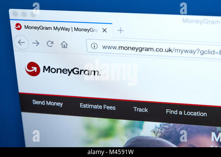 LONDON, Regno Unito - 10 FEBBRAIO 2018: la homepage del sito ufficiale di MoneyGram - trasferimento di denaro azienda con sede negli Stati Uniti d'America, il 10 febbraio 20 Foto Stock