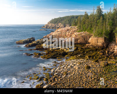 Vista la mattina su un monumento Cove e Otter punto, lungo la costa del Maine, Parco Nazionale di Acadia, vicino a Bar Harbor, Maine, Stati Uniti d'America. Foto Stock