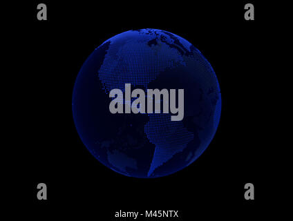 Punto Blu Globo mondo America del Nord e America del Sud mappa su sfondo scuro. Foto Stock