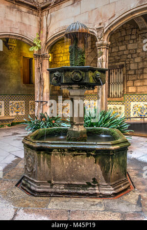 Pittoresco cortile adornato con fontana nel quartiere Gotico di Barcellona, in Catalogna, Spagna Foto Stock