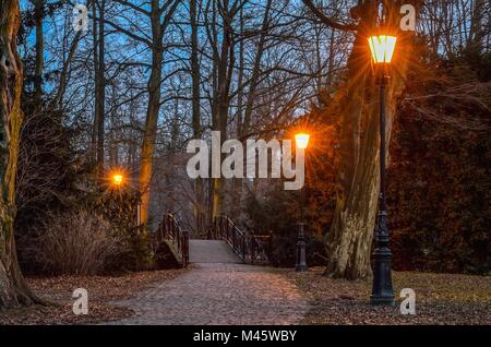 Notte panorama della città. Vicolo di mattoni nel parco di lanterne illuminazione. Foto Stock