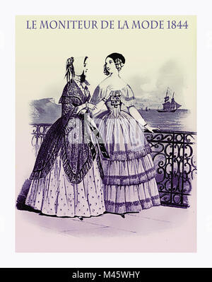 1844 moda vintage, rivista francese Le Moniteur de la Mode presenta due signore passeggiate piacevoli all'aperto vicino al mare con panni di fantasia Foto Stock