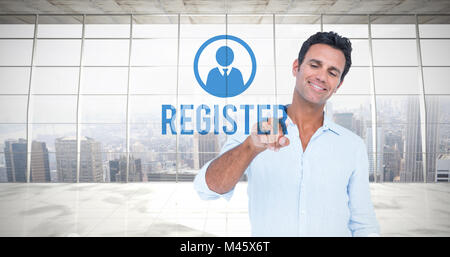 Immagine composita dell'uomo rivolto a qualcosa su sfondo bianco Foto Stock