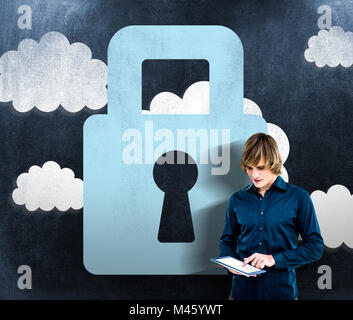 Immagine composita del hipster imprenditore utilizzando tablet Foto Stock