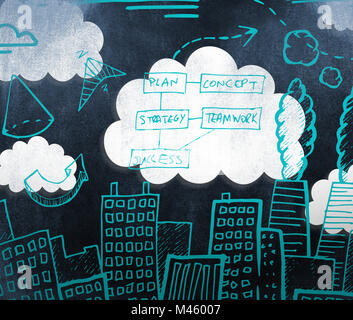 Immagine composita del paesaggio urbano con un brainstorming doodle Foto Stock