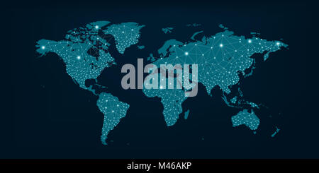 Rete di comunicazioni mappa del mondo mappa blu scuro dello sfondo blu Foto Stock