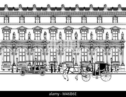 Vettore illustrazione di fantasia che rappresenta una strada di Parigi con carrozza a cavallo e vecchia auto Illustrazione Vettoriale