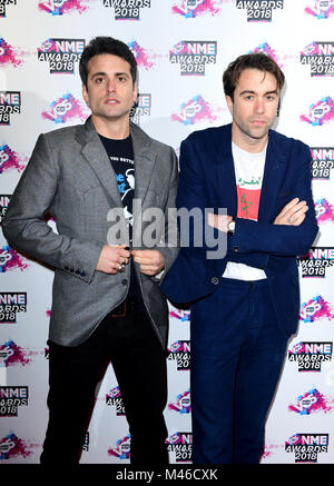 Justin giovani e Freddie Cowan da vaccini in arrivo per il VO5 NME Awards 2018 tenutasi presso l'O2 Brixton Academy di Londra. Foto Stock